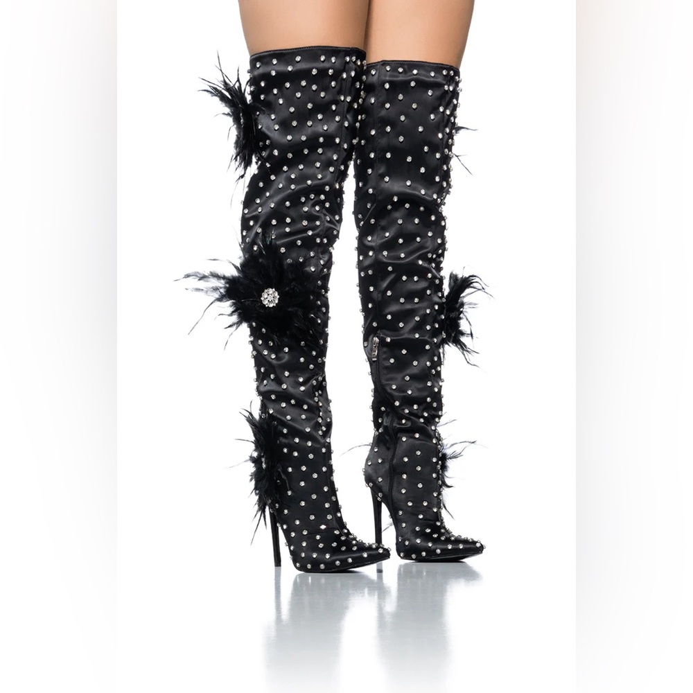AZALEA WANG TARYN BLACK SATIN FEATHER FLOWER THIGH HIGH BOOT New NIB AKIRA